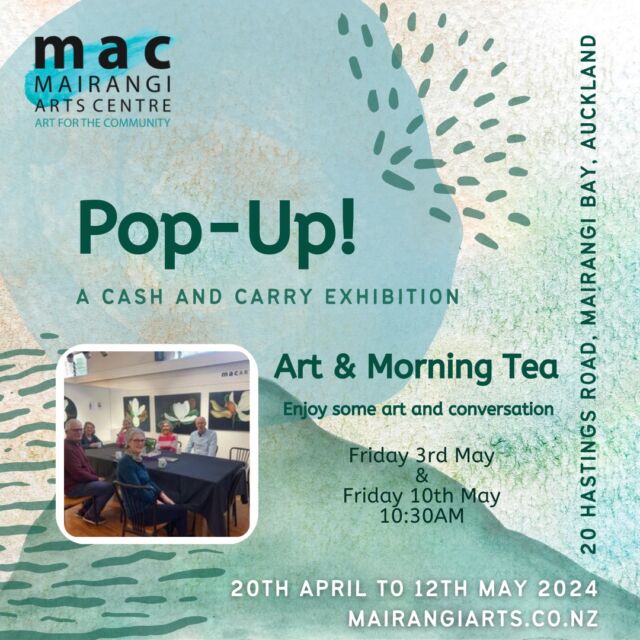 Kia Ora friends, 

You are invited to our upcoming Meet the Artists Morning Tea. Friday the 3rd and 10th May, at 10:30am. Come along and enjoy some art and conversation, with a hot drink and biscuits. 😊☕